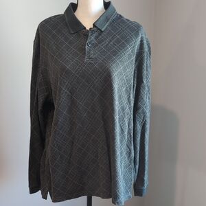 Haggar Dark Gray Plaid Long Sleeve Polo